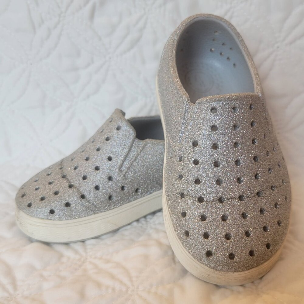 NATIVE Girl silver sparkle slip on sliders size 8 gently preloved see picture